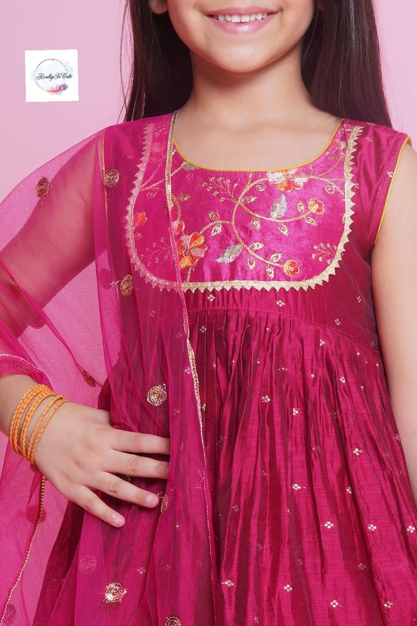 Girls 3 piece pink chanderi sharara Kurti set