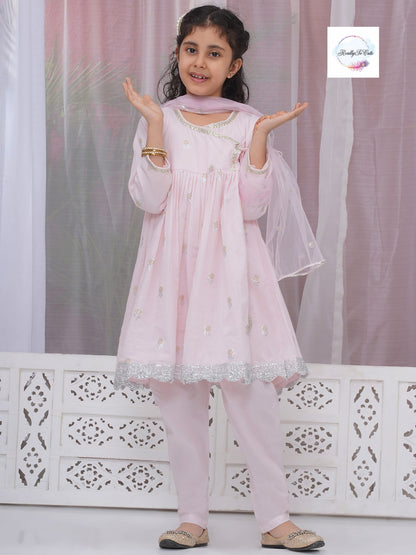 Girls 3 piece pink angarakha style anarkali Kurti set