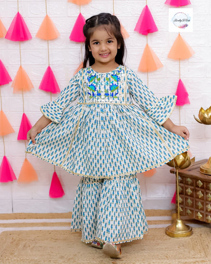 Girl Sharara kurti Set/  soft cotton kurta salwar set, blue kurti sharara