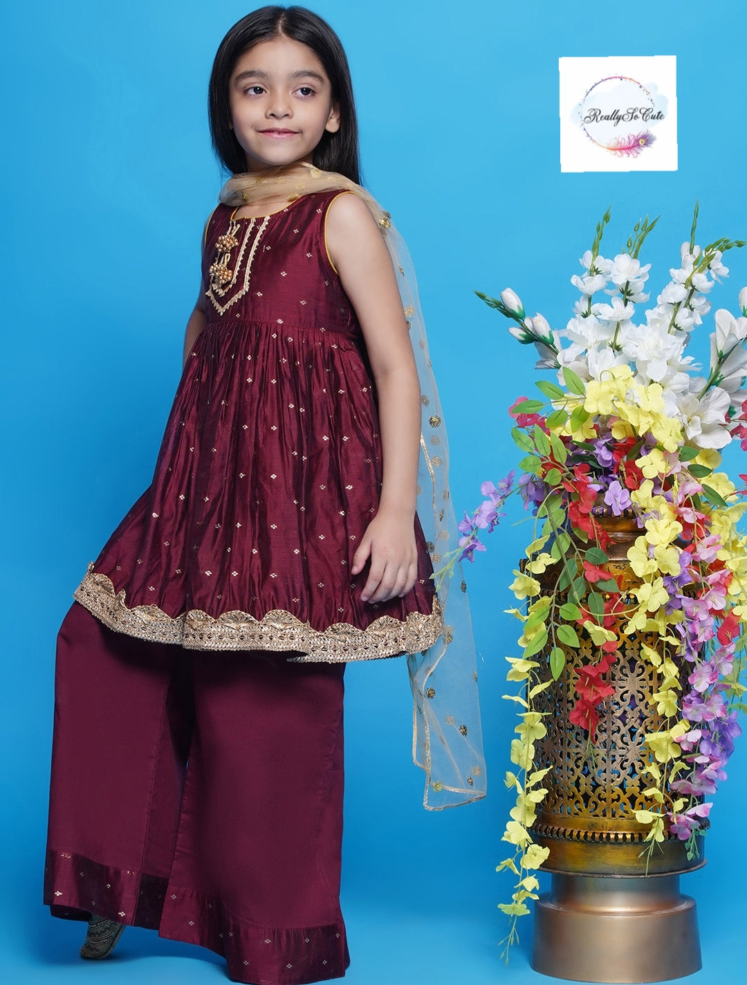 Girls 3 piece Chanderi Palazzo Kurti set