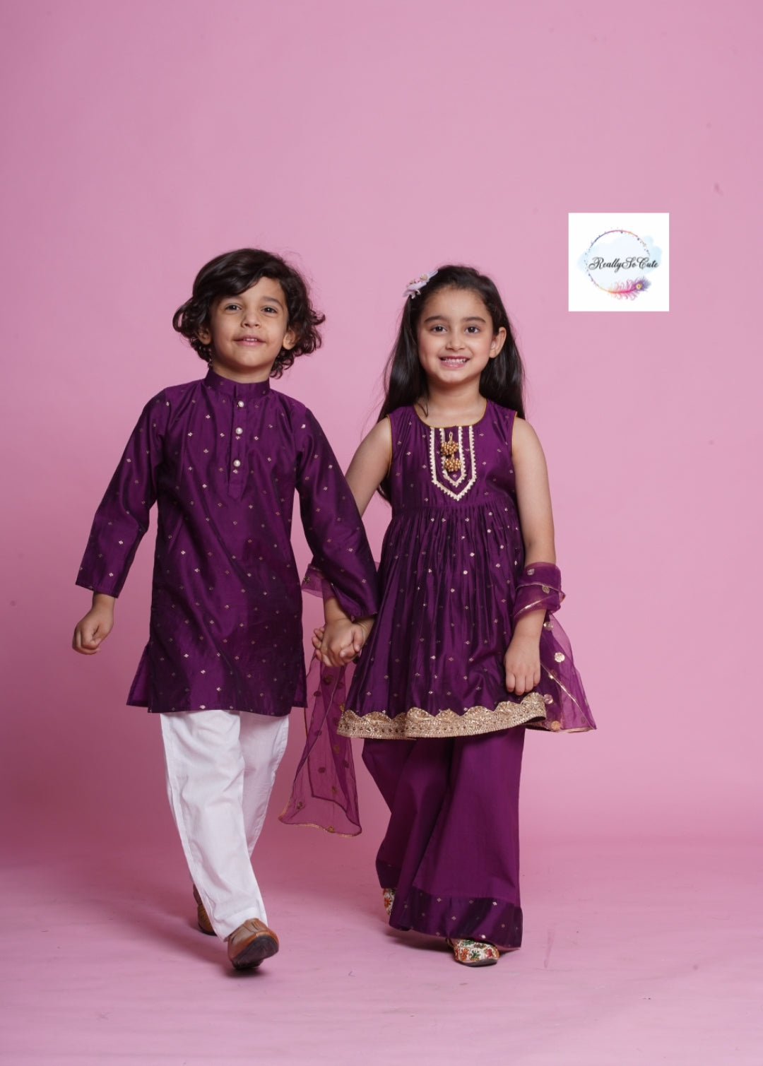 Sibling Combo - Chanderi purple set