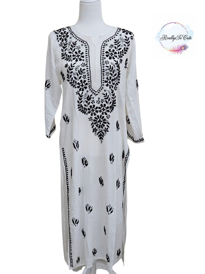 White with black embroidery long chikankari kurti