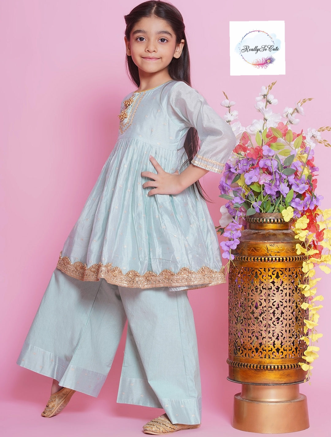 Girls 3 piece Chanderi Palazzo Kurti set