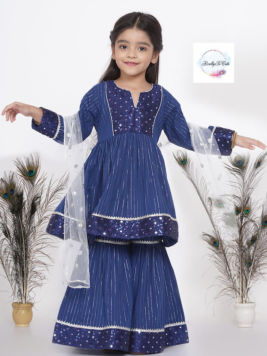 Girls 3 Piece Embroidered Sharara Kameez Dupatta set