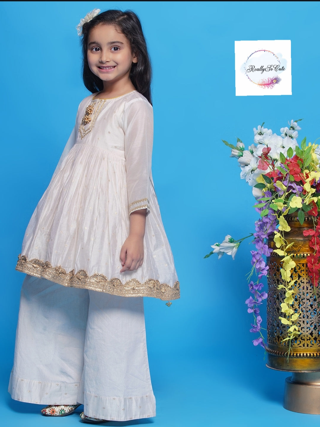 Girls 3 piece Chanderi Palazzo Kurti set