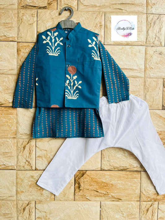 Boys  cotton kurta pajama with jacket, Blue red cotton kurta set