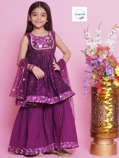 Girls 3 piece purple chanderi sharara Kurti set