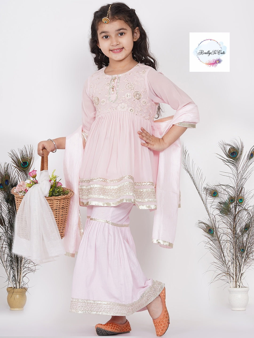 Girls 3 piece pink Palazzo Kurti set