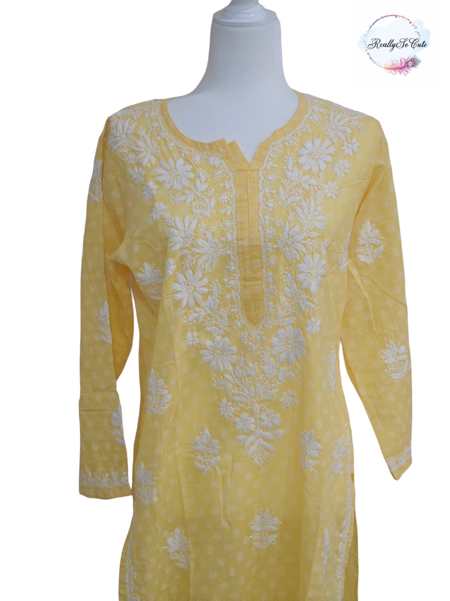 Yellow long chikankari kurti