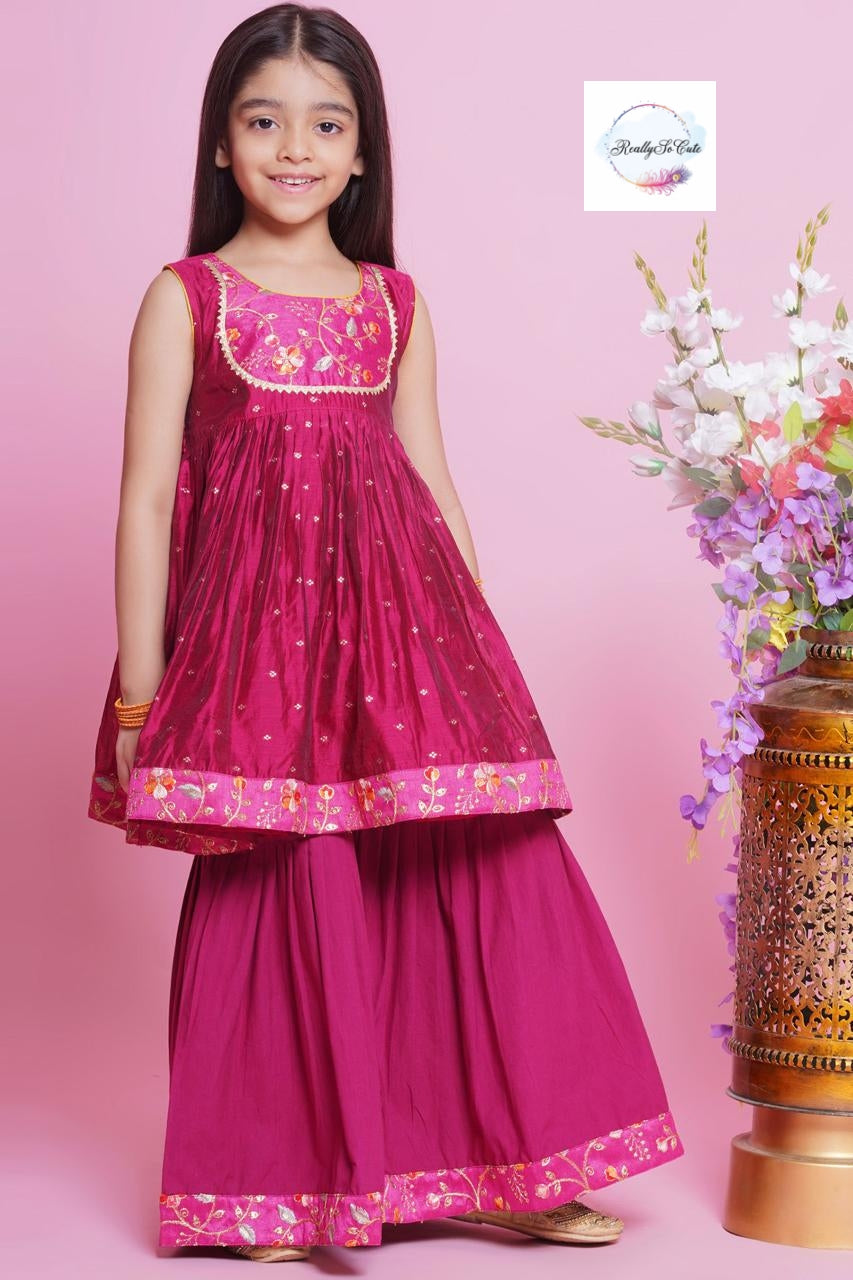 Girls 3 piece pink chanderi sharara Kurti set