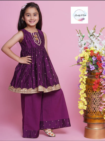 Girls 3 piece Chanderi Palazzo Kurti set