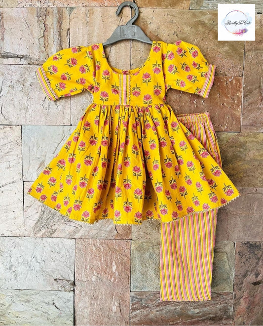 Indian Salwar Suit/  Anarkali kurta  set/  cotton kurti salwar, yellow anarkali