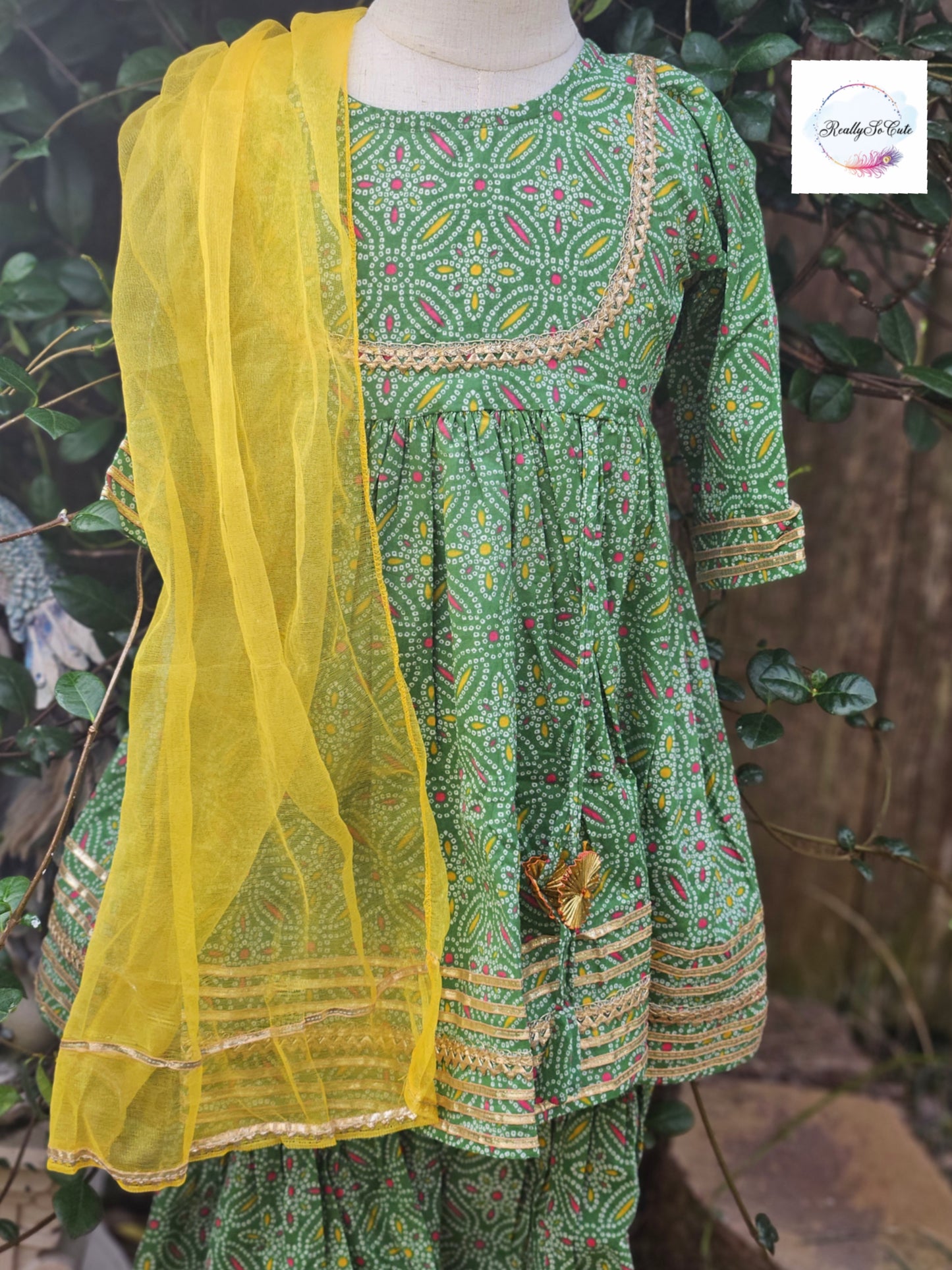 Girl Sharara kurti Set/  soft cotton kurta salwar set, green kurti sharara