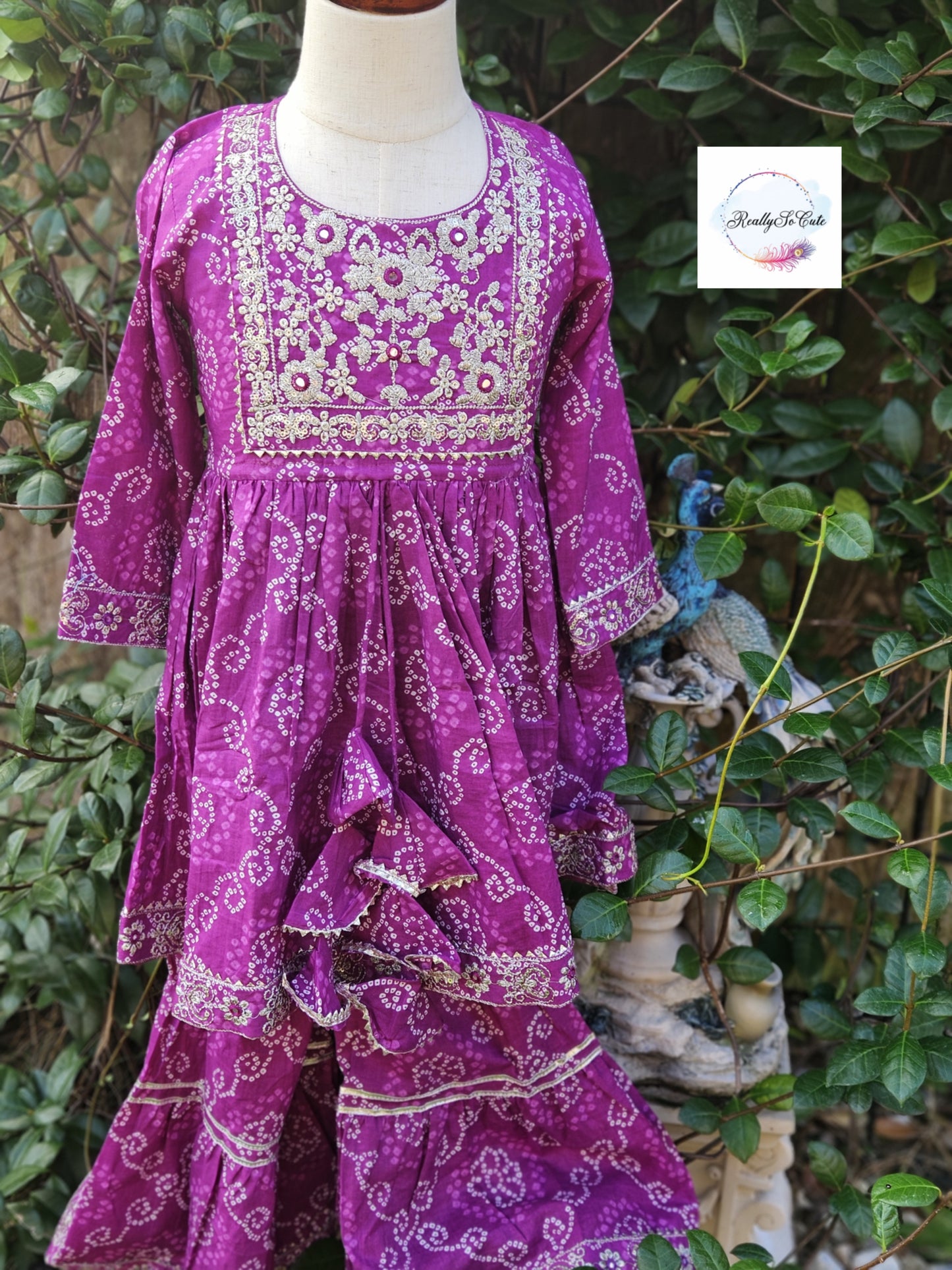 Girl Cotton Sharara Kurti 2 piece set Purple Bandhani