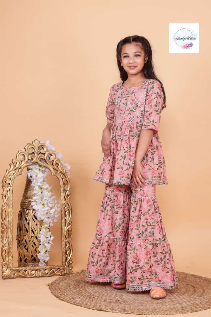 Girls 3 Piece Embroidered Kurtis Sharara set