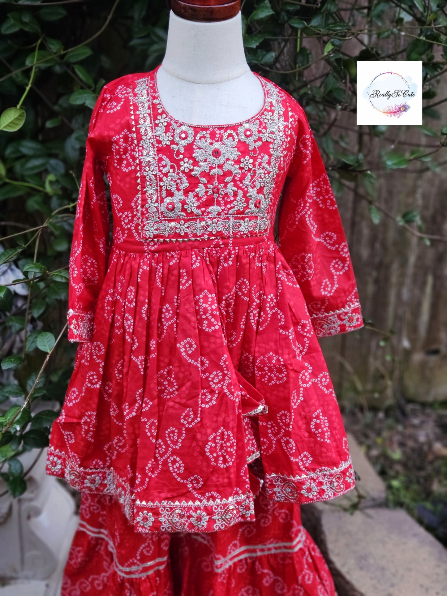 Girl Cotton Sharara Kurti 2 piece set Red Bandhani