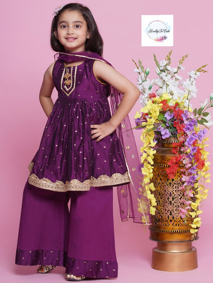 Girls 3 piece Chanderi Palazzo Kurti set