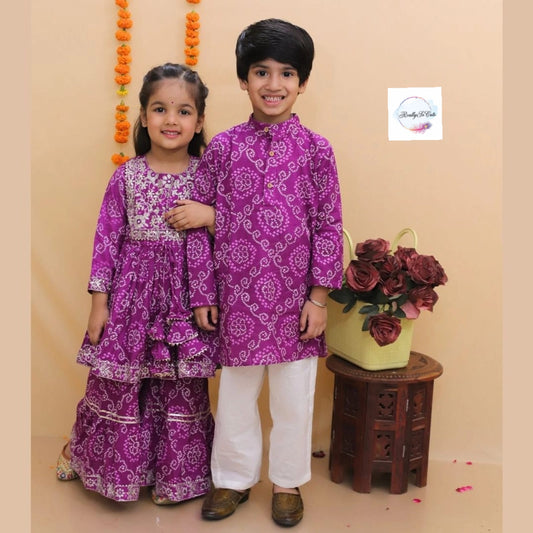 Girl Cotton Sharara Kurti 2 piece set Purple Bandhani