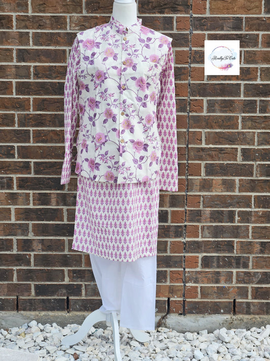 Men's cotton kurta pajama, purple kurta set with jacket,