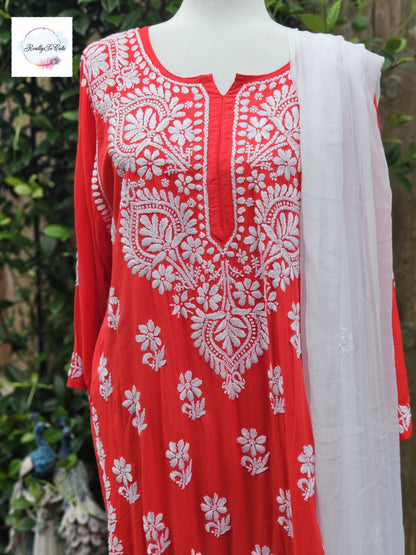 Red chikankari kurta set