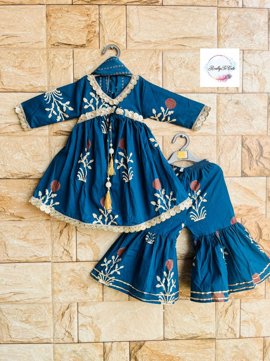 Indian Salwar Suit/  cotton sharara kurta  set/ toddler indian baby girls set, blue traditional dress set