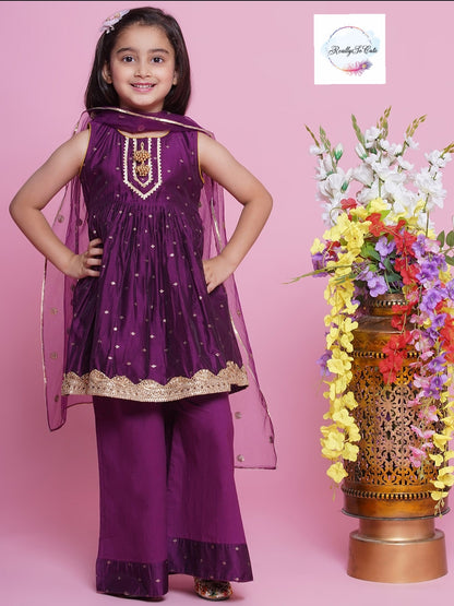 Girls 3 piece Chanderi Palazzo Kurti set