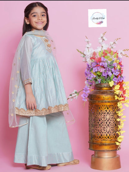 Girls 3 piece Chanderi Palazzo Kurti set