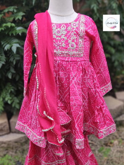 Girl Cotton Sharara Kurti 2 piece set pink Bandhani