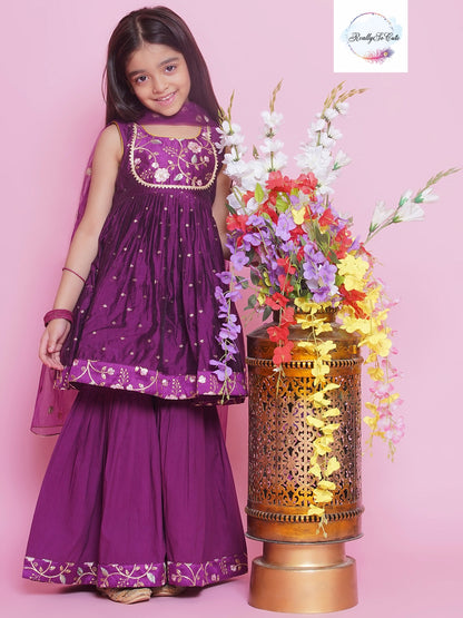 Girls 3 piece purple chanderi sharara Kurti set