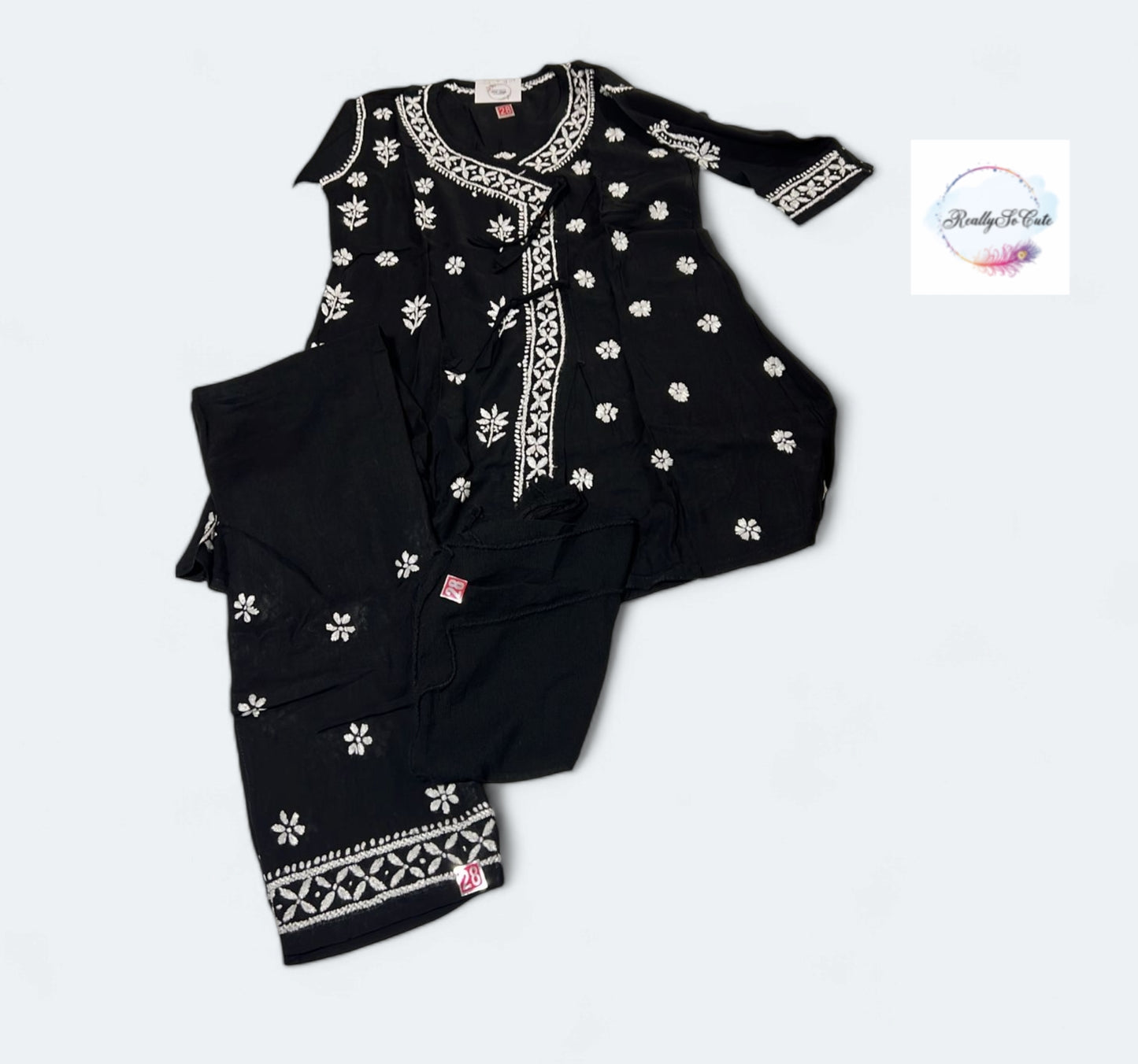 Black Little Girls Chikankari Kurtis pant Set, Girls Modal Chikankari Dress