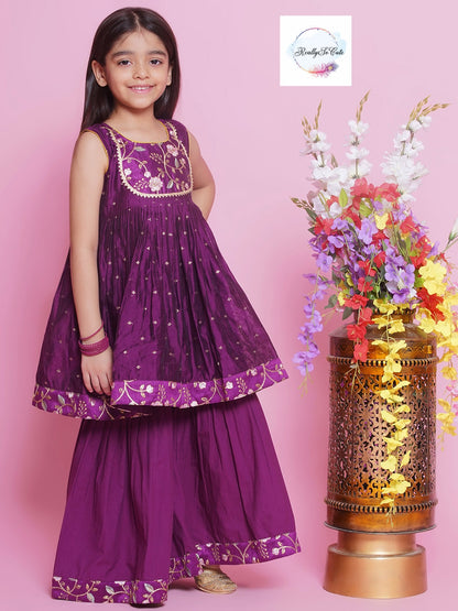 Girls 3 piece purple chanderi sharara Kurti set