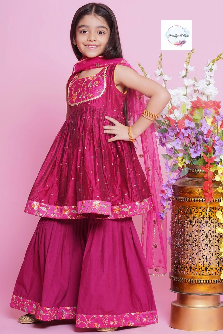 Girls 3 piece pink chanderi sharara Kurti set