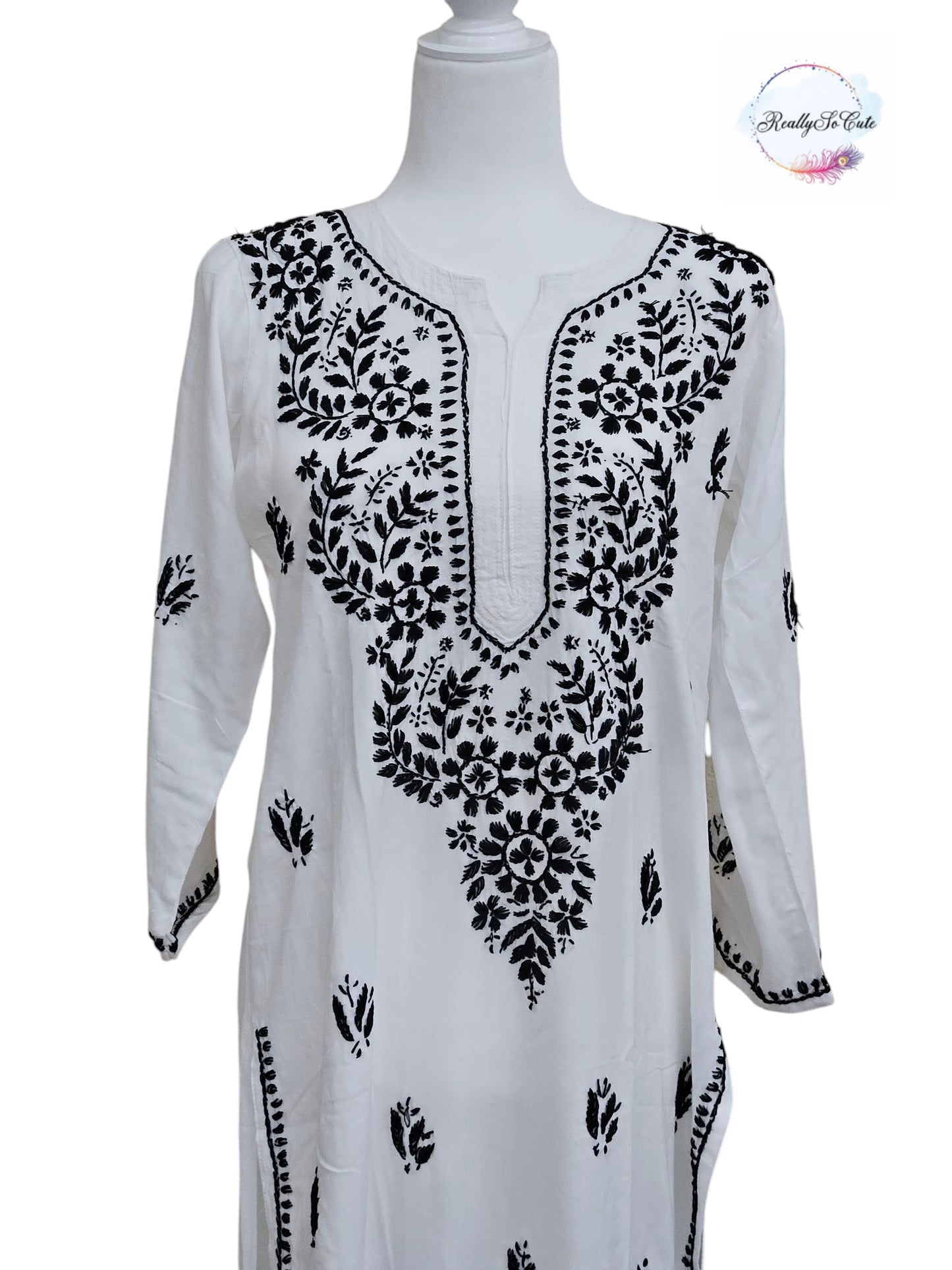 White with black embroidery long chikankari kurti