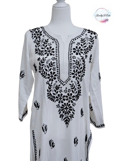 White with black embroidery long chikankari kurti