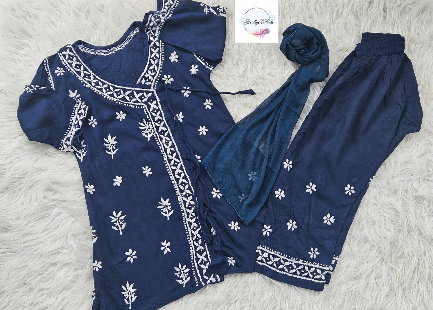 Blue Little Girls Chikankari Kurtis pant Set, Girls Modal Chikankari Dress