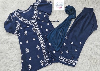 Blue Little Girls Chikankari Kurtis pant Set, Girls Modal Chikankari Dress