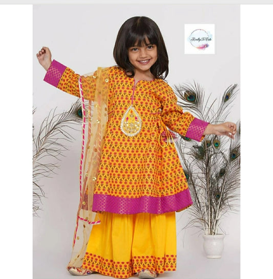 Girls 3 Piece Embroidered Salwar Kameez Dupatta/Girls yellow kurti kids/salwar suit with dupatta