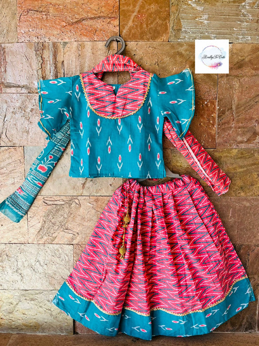 Kids ikkat cotton chaniya choli, skirt top ikkat