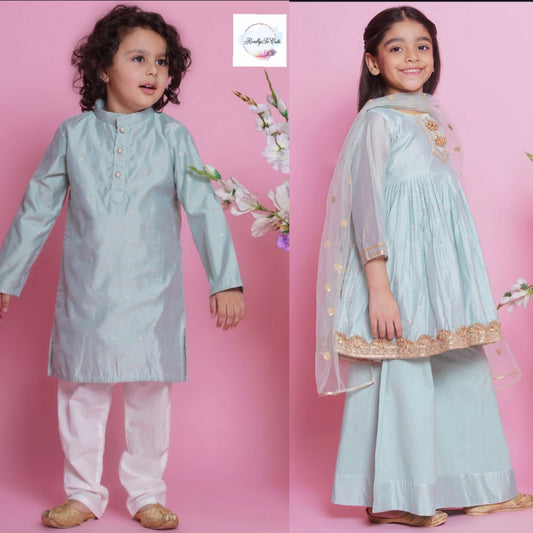 Sibling Combo - Chanderi Dolphin Blue set