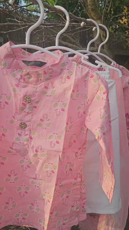 Blush Pink Floral Pure Cotton Girls Kurti Dhoti Set with Dupatta