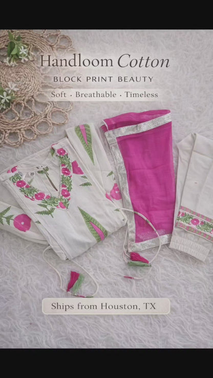 Girls Floral Handloom Cotton Kurta Set | Ethnic Wear (3M–15Y)Pink girl ethnic wear
