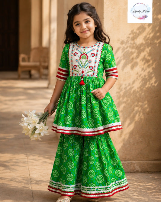 Green Floral Embroidered Sharara Set for Girls | Pure Cotton Festive Wear| 3M–15Y