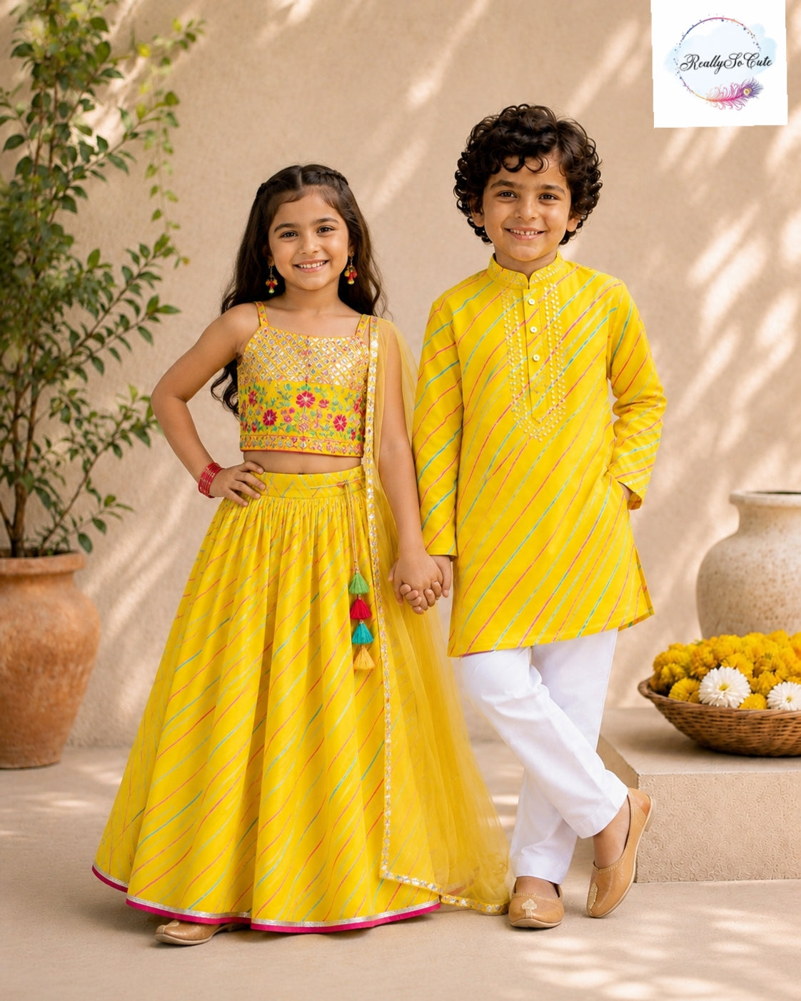 Sunshine Yellow Mirror Work Lehenga Choli Set for Girls