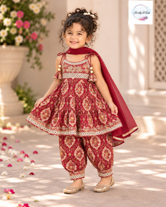 Raspberry Maroon Girls Pure Cotton Floral Ethnic Set with Dupatta | Sibling Combo