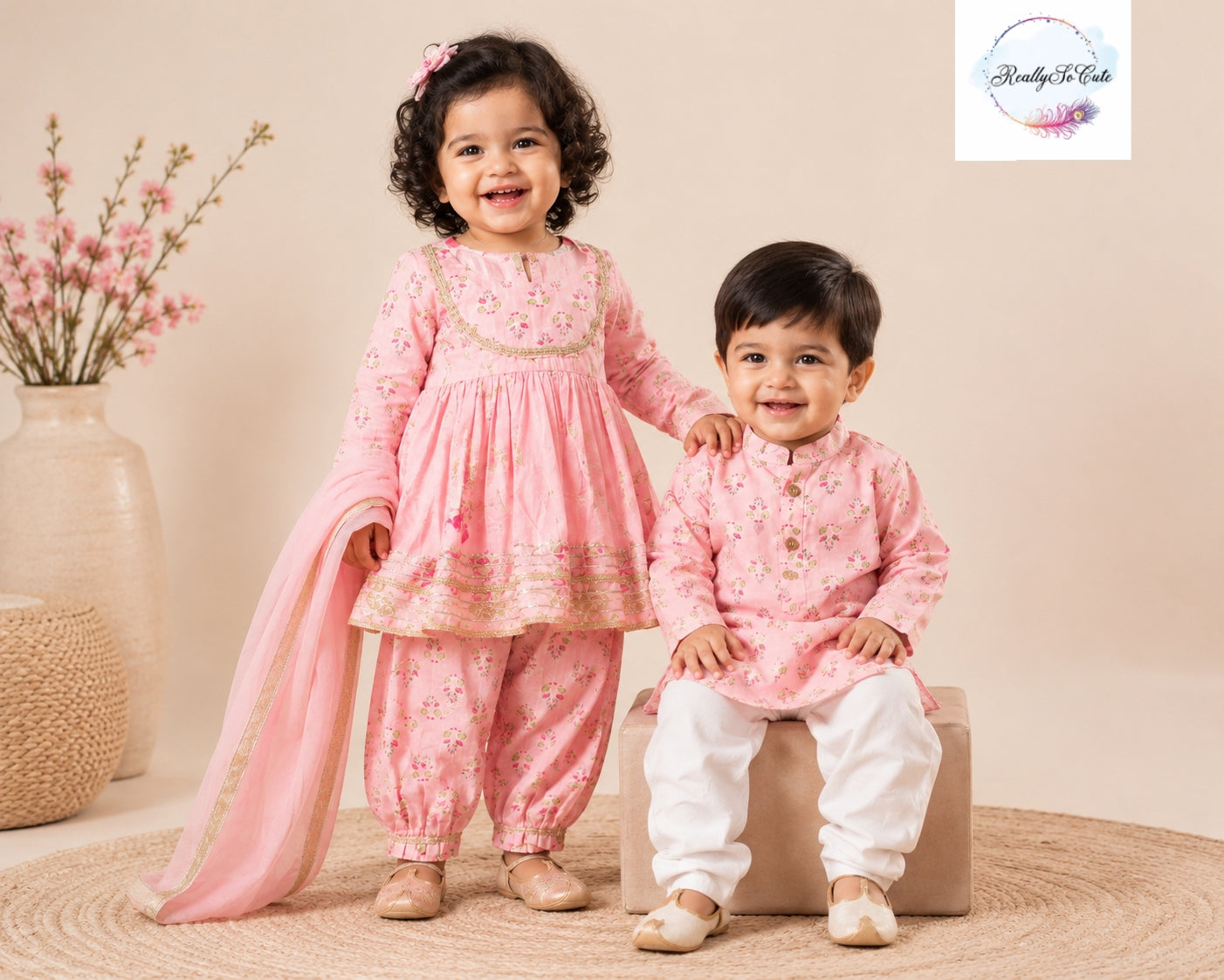 Blush Pink Floral Pure Cotton Girls Kurti Dhoti Set with Dupatta