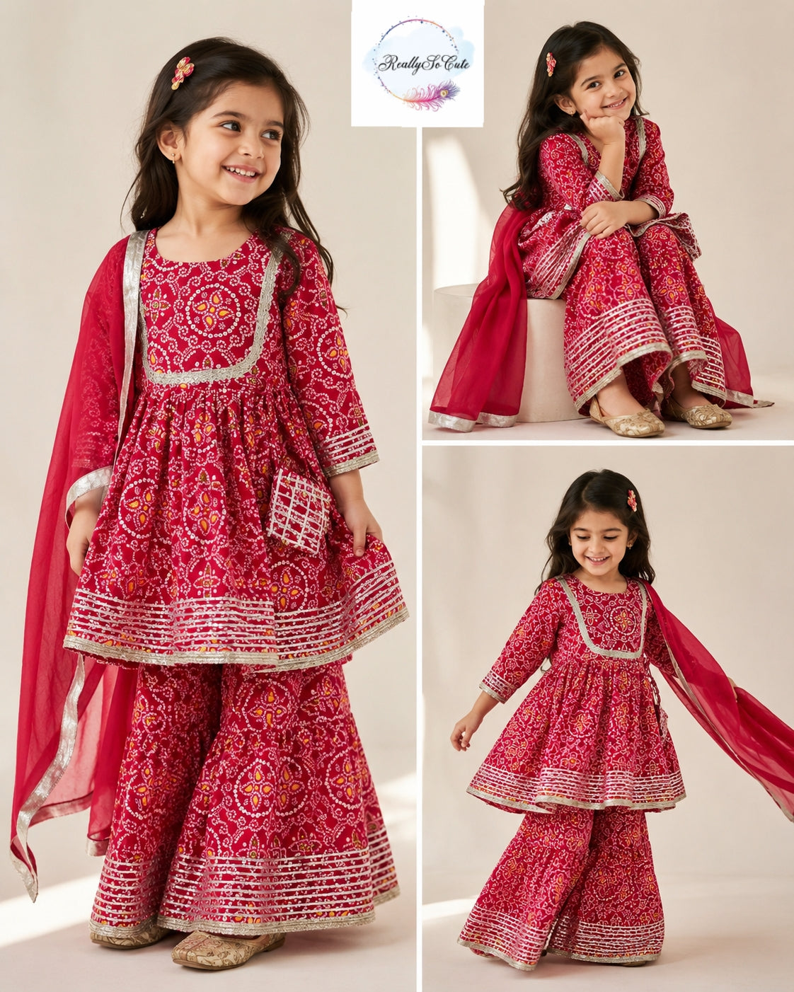 Girls Red Bandhani Print Cotton Kurti Sharara Set with Dupatta,Kids Bandhani Outfit USA