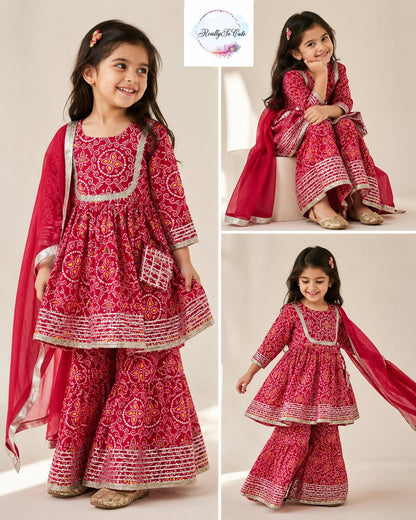Girls Red Bandhani Print Cotton Kurti Sharara Set with Dupatta,Kids Bandhani Outfit USA