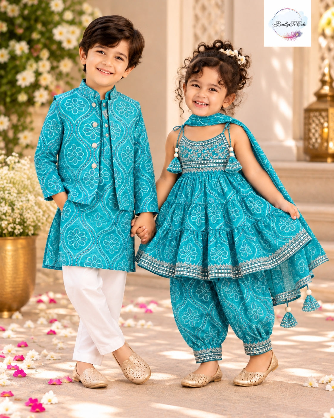 Blue Bandhani Muslin Cotton Afghan Salwar Set, sibling combo