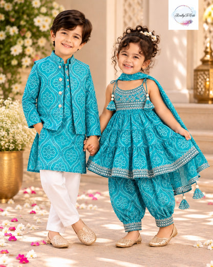 Blue Bandhani Muslin Cotton Afghan Salwar Set, sibling combo