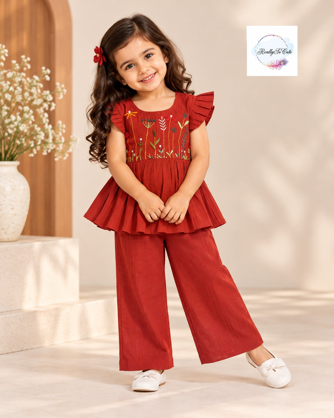 Girls Rust Red Floral Embroidered Chanderi Muslin Peplum Top & Pant Set
